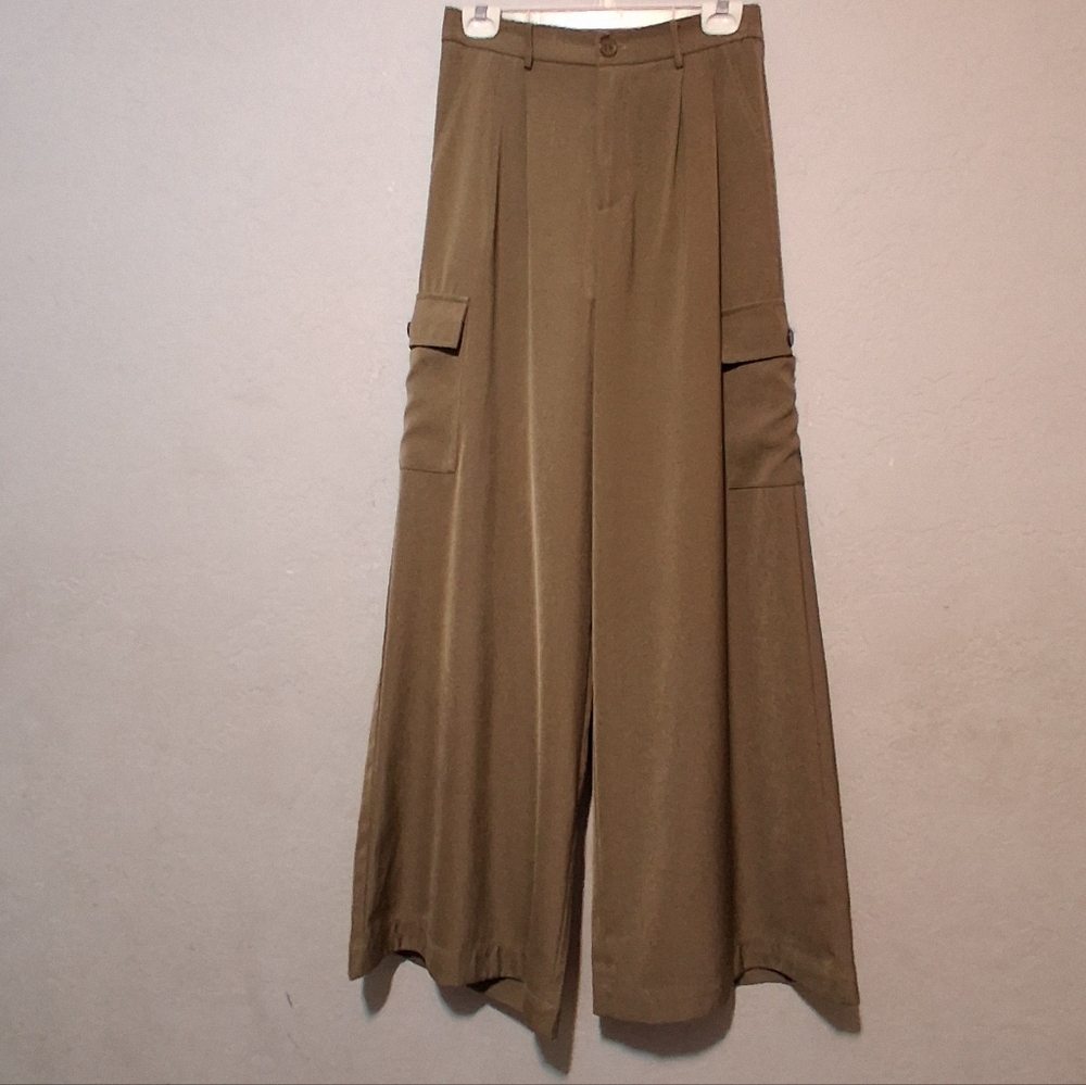 Wide-Leg Olive Green Pant Cargo Sz10 Women 100% Cotton‎ High-Waisted